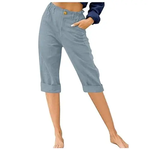 Produktbild: Generisch 3/4 Hose Damen Leinenhose Casual Sommerhose Baumwolle Cargohose Leicht Frauen Jogginghosen Musselin Wanderhose Sweatpants Haremshose Lockere Gym Hose Hellblau M