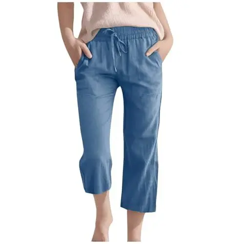 Produktbild: Generisch 3/4 Lange Leinenhose Kinder Mädchen Sommer Baumwolle Leinen Hose Lässige Weitem Bein Strandhose Leicht Einfarbig Jogginghose Hohe Taille Freizeithosen mit Taschen Sommerhose für Outdoor