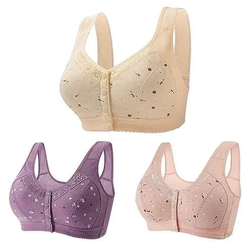 Produktbild: Generisch 3er Pack BH Damen Ohne Bügel Push up Nahtloser BH mit Blumenmuster Vorderverschluss Atmungsaktiv Bralette Große Größen Komfort Starker Halt Klassischer Bustier Baumwolle Tshirt Bras Lila M