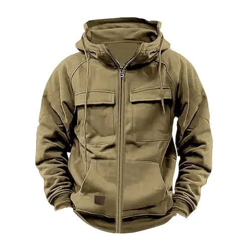 Produktbild: YCBMINGCAN Cargo Jacke Fall Hoodie Herren Einfarbig Langarm Sweatjacke Mit Reißverschluss Kapuzenpullover Loose Fit Tops Herren Zip Up Hoodies Männer Leicht Kapuzenjacke Outdoor (Khaki #1, XXXL)