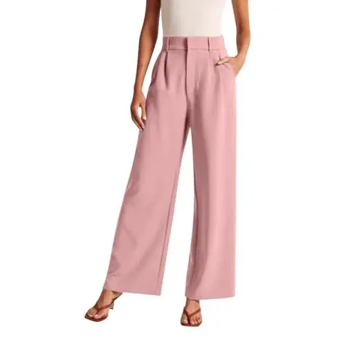 Produktbild: Generisch Anzughose Damen Elegant Sommer Hose Locker Palazzo Stoffhose Sommerhosen Einfarbig Weite Business Hosen Freizeithose Lässig Locker Leichte Dehnbar Lounge Hose (Pink, M)
