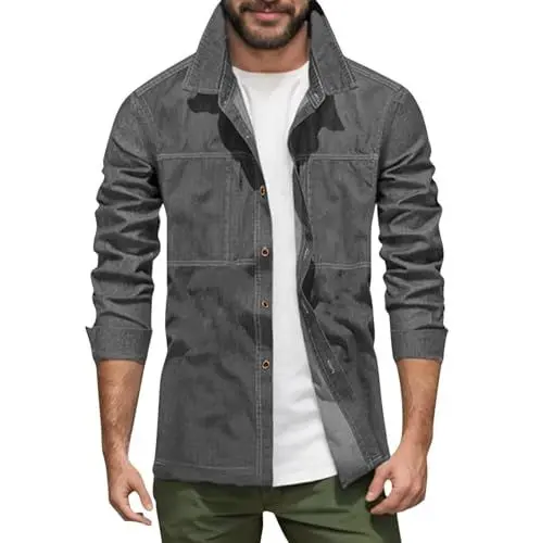 Produktbild: Generisch Arbeitshemden Herren Langarm Hemd Blau Slim Fit Musselin Cowboy Jacket für Parka Rüschenhemd Grau 2XL