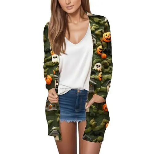 Produktbild: Generisch B-Waren Angebote Damenmode Sale Outdoor Jacken Für Damen Winter Halloween-Print 2025, Strickjacke Mit Offener Vorderseite, Mittellanger Mantel Kleider Winter Damen Strickjacken Sale
