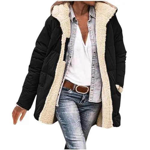 Produktbild: Plüschjacke Damens Einfarbig Langarm Pufferjacke Locker Oversize Kurz Trenchcoat Comfort Lässig Outdoorjacke Dicke Warme Winterjacken Elegant Modisch mit Kapuze(Schwarz,3XL)