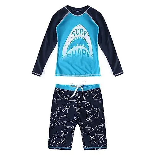 Produktbild: Generisch Badeanzug für, 2-teilig, Rashguard, langärmelig, Bedruckt, Schwimmshirt, Oberteile mit Shorts, Set Schwimmkleidung Baby (Blue, 9-10 Years)