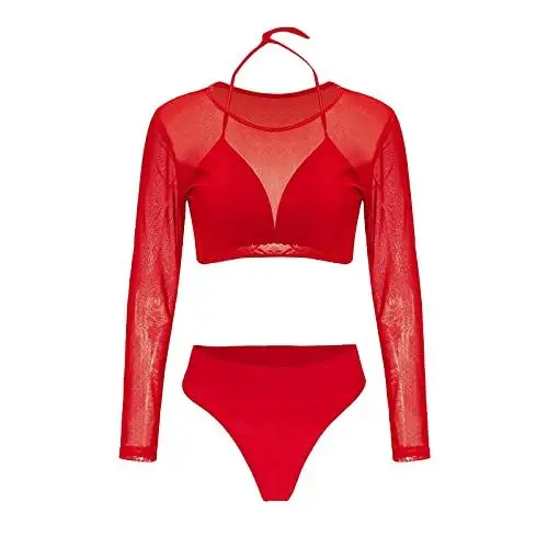 Produktbild: Generisch Bademode Für Damen Damen Tankini Damen Badeanzug Bauchweg Damen Sexy Mesh Suspender Bikini Briefs Mesh Smock Dreiteiliges Set Damen SchwimmflüGel Badeanzug Bauchweg Sonnenhut (Red, M)