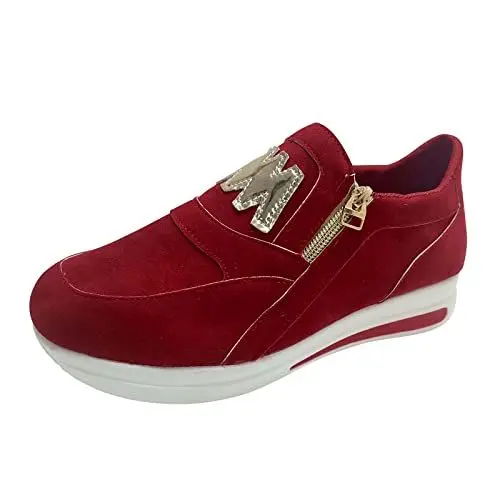 Produktbild: Generisch Ballerinas Damen Bequem Ballerina Schuhe MäDchen einfarbig Flock seitlicher Reißverschluss Plattform Bequeme lässige Sportschuhe Barfuß Sneaker Damen Goldene Sandalen Mit Absatz (Red, 39)