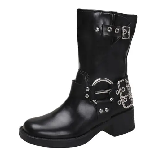 Produktbild: Generisch Barfussschuhe Damen Wasserdicht Boots 37 Damen und Winter Dicke Sohle Britische Cowboy Stiefel Gürtelschnalle Mid Calf Stiefel Leichte Gummistiefel Damen Sock Boots Damen (Black, 40)