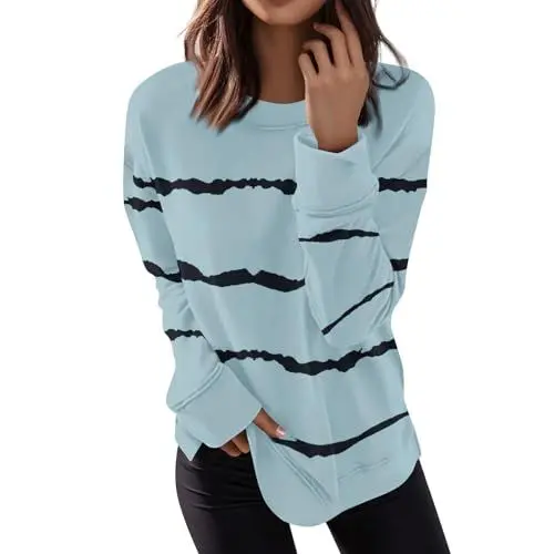Produktbild: Generisch Baumwoll Langarm,Women Sweatshirt Pullover Winter Damen Oversize Damen Langarmshirt, Casual Pullover, Lockeres Sweatshirt, Rundhalsausschnitt, Schlieren Freizeitoberteil （Blau，