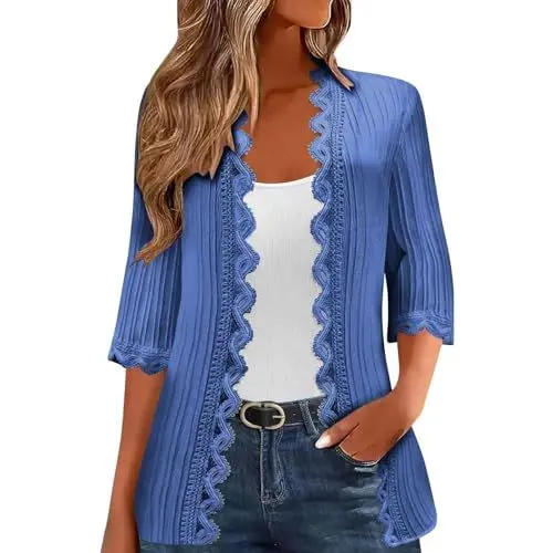 Produktbild: Generisch Blaue Strickjacke Damen Strickmantel Bolero Mädchen Trachtenjacke Lang Poloshirt Kurzarm Sommermantel Blazer Weiß Women's Blau 2XL