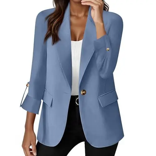 Produktbild: Generisch Blazer Damen Elegant Jacke Langarm Blazerjacke Business Mantel Geschäft Büro Anzugjacke Übergangsblazer Sakko Anzug Einfarbig Arbeitsblazer Freizeitjacke Damenblazer(A25 Blue,L)