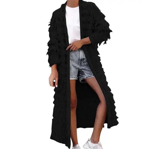 Produktbild: Lieferung Ohne Bestellung Damen Winterjacke Warm Lange Damenjacke Mit Fransen Mantel Aus Wollmischung Langärmelig Rundhalsausschnitt Fransenjacke Trenchcoat Oberbekleidung Roter Pullover Damen Strick