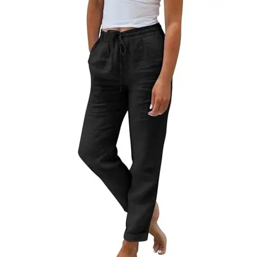 Produktbild: Generisch Boho Hosenrock,Chino Hose Damen Elegant Hose Damen Sommer Damen Leinen Sommerhose 7/8 Casual Leichte Baumwolle Leinenhose Stoffhose （Schwarz，XL）