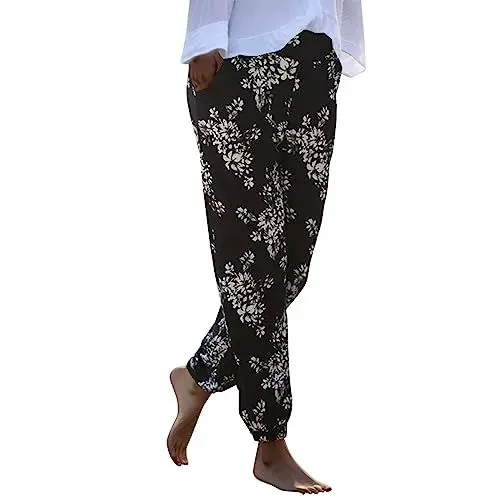 Produktbild: Generisch Boho Strandhose Frauen Lange Leichte Hose mit Taschen Hohe Taillenhose Einfache Druckhose Bequeme Freizeithose für Damen (Black, S)