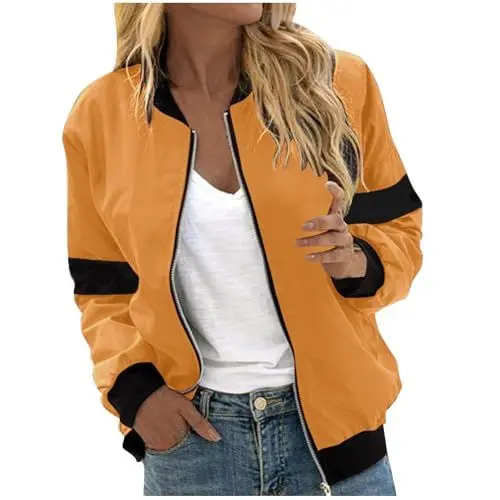 Produktbild: Generisch Bomberjacke Damen mit Reißverschluss und Taschen Leichte Rundhals Blouson Patchwork Casual Jacke Ubergangsjacke Langarm Herbst Baumwolle Fliegerjacke Softshelljacke Gelb M
