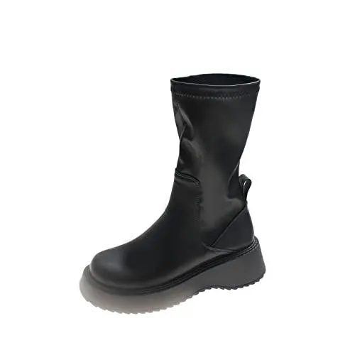 Produktbild: Generisch Boots Damen Plateau Stiefeletten Damen Schwarz Damen-Stiefel im Retro-Stil mit dicker Sohle Cowboy Stiefeletten Damen Stiefeletten Damen Weiß (Black, 39)