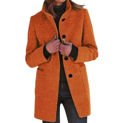 Produktbild: VLOYSR Damen Herbst Winter Wollmäntel Midi Peacoat Einreihig Elegant Trenchcoat Klassischer Übergangsmantel mit Taschen