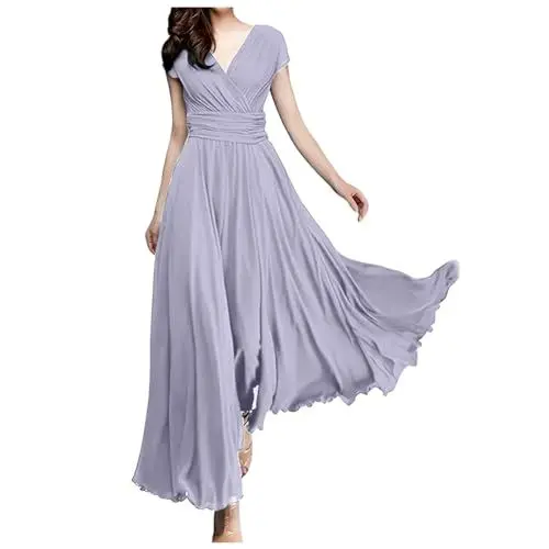 Produktbild: Generisch Chiffon Abendkleid Damen V-Ausschnitt Kurzarm Taillenverschluss Elegantes Einfarbiges Kleid für Festliche Anlässe Besondere Events (Purple, L)
