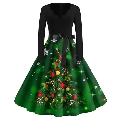 Produktbild: Generisch Weihnachts-Winterkleid Damen Knielang Langarm Weihnachtsoutfit