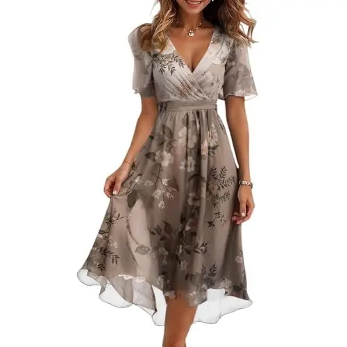 Produktbild: Generisch Cocktailkleid Damen Elegant Abendkleider Damen Lang Cocktailkleid Blumen Elegant Kleid Abschlusskleid Knielang Tunika Bindegürtel Hohe Taille Kleider Sommerkleid Kurzarm V Ausschnitt