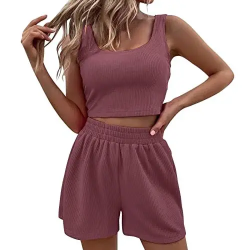 Produktbild: Generisch Crop Top Zweiteiler Sommer Hosenanzug Elegant Outfits Kleidung 2 Teiler Set Crop Tank Top + Shorts Y2k Aesthetic Clothes Workout Sport Anzug a-Kaffee M