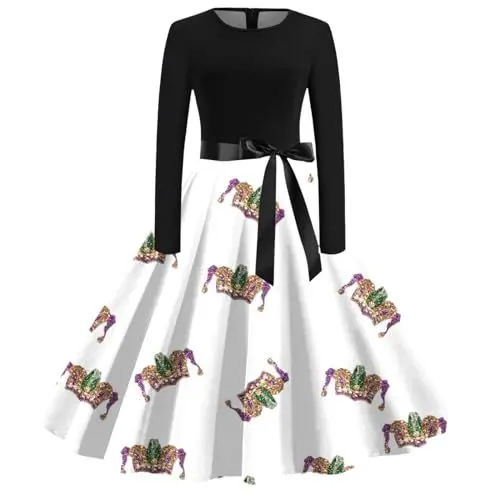Produktbild: Generisch Damen-Karnevalskleid mit Langen Ärmeln O-Ausschnitt, Bedruckt, unregelmäßiger Saum Strandkleid Knielang (White, XL)