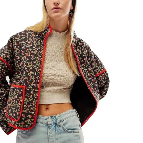 Produktbild: Generisch Damen-Kurz-Patchwork-Baumwolljacke mit Rundhalsausschnitt, tiefer Schulterpartie, Blumen-Baumwolljacke Festliche Damen (Black, L)