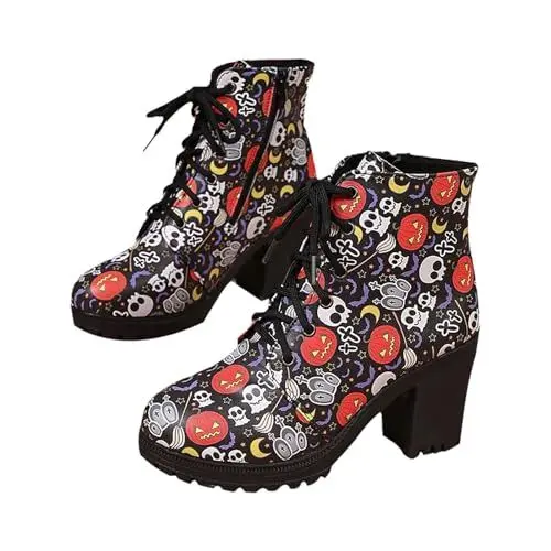 Produktbild: Generisch Damen-Stiefeletten mit Halloween-Print, Gothic-Stiefeletten mit Absatz und im Dunkeln leuchtenden Fledermaus- und -Designs Gr. 31 Mädchen (Black, 39)