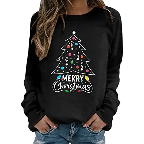 Produktbild: Generisch Damen-Sweatshirt Weihnachtsmode Langärmelig Rundhalsausschnitt Lässige Sweat-Tops Winter Oberbekleidung Damen (Black, S)