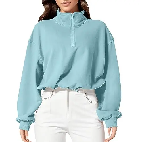 Produktbild: Generisch Damen-Sweatshirt mit halbem Reißverschluss Workout-Pullover Stehkragen Lange Ärmel sportliche Freizeitbekleidung atmungsaktives Material bequemer Schnitt (Blue, XXL)