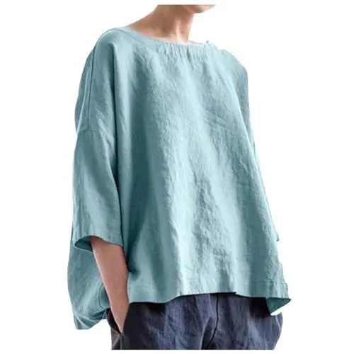 Produktbild: Generisch Damen Baumwolle Leinen Thermal Underwear Top Lose Freizeitoberteile Rundhalsausschnitt Bequem Atmungsaktiv Vielseitig Stilvoll (Blue, M)