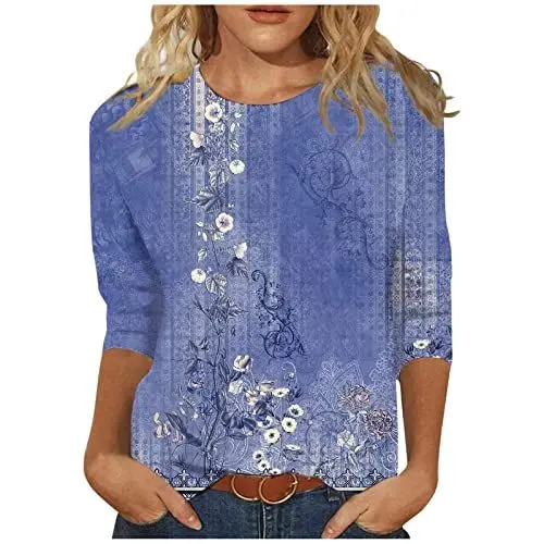 Produktbild: Generisch Damen Blusen Hemder Damen Frühlingse Ski Stretch Bedrucken Hemdes Gemütlich Große Größe Top Damen Baumwolle Y2k 3/4 Ärmel Blau