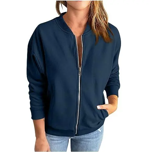 Produktbild: Generisch Damen Bomberjacke Blouson Jacket Pilotenjacke Langarm Outwear Zip Up Solid Rundhals Fliegerjacke Outwear Taschen Freizeitjacke Übergangsjacke Angebote Marine S