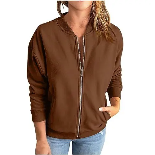 Produktbild: Generisch Damen Bomberjacke Blouson Jacket Pilotenjacke Langarm Outwear Zip Up Solid Rundhals Fliegerjacke Outwear Taschen Freizeitjacke Übergangsjacke Outlet Angebote Braun XXL