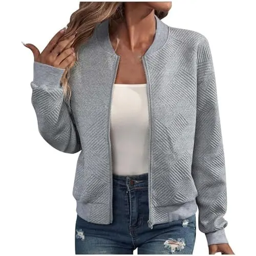 Produktbild: Generisch Damen Bomberjacke Blouson Pilotenjacke Leichte Jacke Langarm Fliegerjacke Full Zip Outwear Mäntel Solid Outdoorjacke Übergangsjacke für Frauen Blitzangebote Grau S