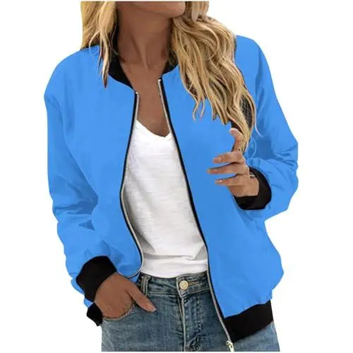 Produktbild: Generisch Damen Bomberjacke Blouson Pilotenjacke Leichte Jacke Langarm Rundhals Fliegerjacke mit reißverschluss und Taschen Outdoorjacke Übergangsjacke Warehouse DealBlau 4XL