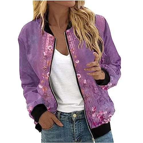 Produktbild: Generisch Damen Bomberjacke Blouson Pilotenjacke Softshelljacke Leichte College Jacke Langarm Mäntel Sweatjacke Fliegerjacke Herbst Blumenmuster Outdoorjacke Damen Sale Purple L