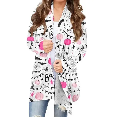 Produktbild: Generisch Damen Cardigan mit Fledermaus-Print, Lange Ärmel, Offene Vorderseite, Bequeme Freizeitjacke