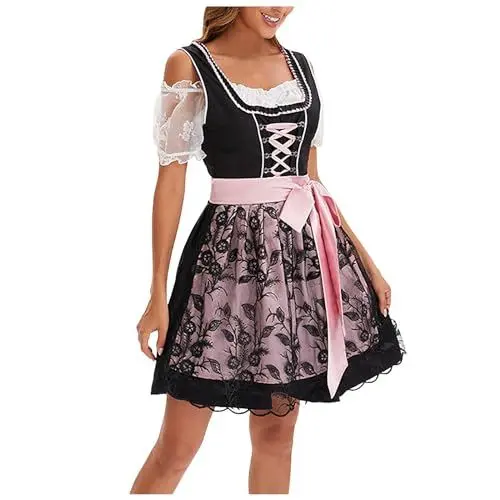 Produktbild: Generisch Damen Dirndl Schwarz Midi Damen Dirndl Schuhe Rot Traditionelle Oktoberfest Teilig Für Oktoberfest Kostüm Besondere Anlässe Festival Outfit