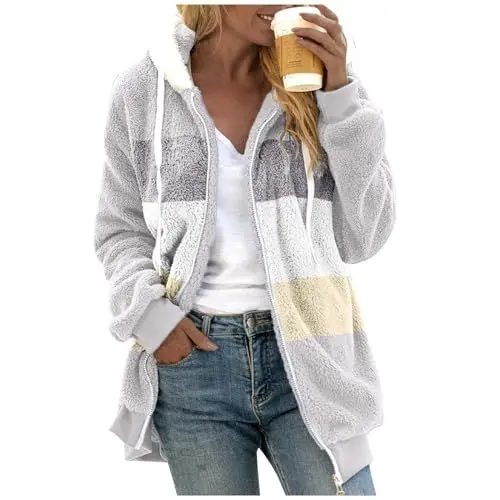 Produktbild: Generisch Damen Fleecejacke Warm Winterjacke Bequem Teddyjacke Reißverschluss Übergangsjacke Teddy Fleece Plüschjacke Mode Sweatjacke Wintermantel 2024 Black Friday(3-Light Gray,XL)