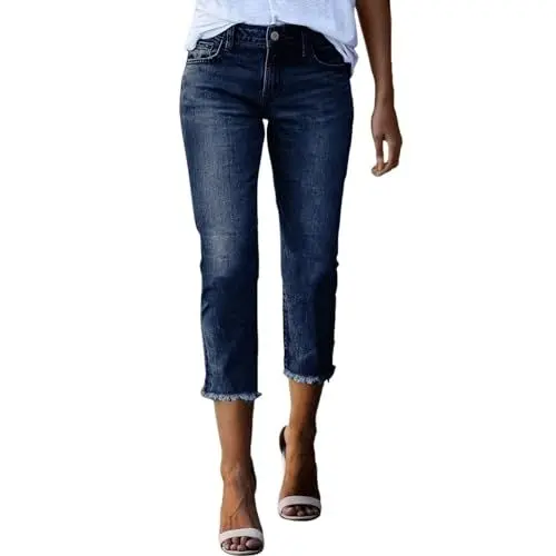 Produktbild: Generisch Damen Jeans Bootcut Capri Sommer 3/4 Jeanshose Kurze Caprihose High Waist Sommerjeans Skinny Fit Hohe Taille Denim Hose Sommerhose Leicht Ripped Jeanshosen Must Have