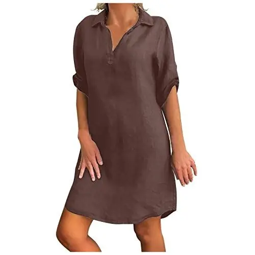 Produktbild: Generisch Damen Kleider Leinenkleid Hemdkleid Hawaii Kleid Kurzarm V-Ausschnitt Kleid Strandkleid Einfarbig Kleid Lässig Kleid Leicht und Luftig Kleid Leinenkleider Gutschein Braun 4XL