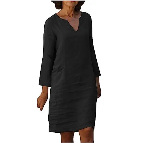 Produktbild: Generisch Damen Kleider Leinenkleid Langarm Baumwolle Einfarbige Kleid Tunika Freizeitkleid Leinenkleider Sommer Herbst Kleid Frau Kleidung Leinenkleid für Damen Teenager Mädchen Geschenke Schwarz L