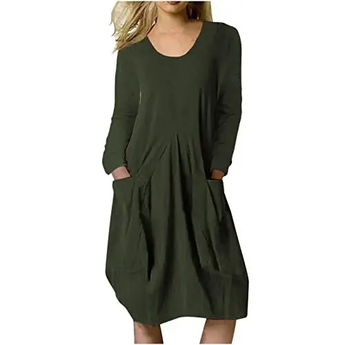 Produktbild: Generisch Damen Knielang Leinenkleid Langarm Kleid Freizeitkleid mit Taschen Rundhalskleid Einfarbig Kleid Leicht Luftig Kleid Leinen Kleid Dresses for Women Neuerscheinungen Armeegrün XXL