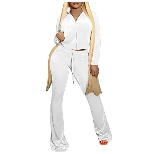 Produktbild: Generisch Damen Lässige Mode Einfarbig Samt Zweiteiliger Selbstanbau Sportanzug Langarm Reißverschluss Top Hose mit Taschen Jogginganzug Hoodie (White, L)