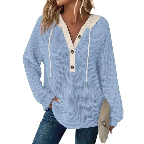 Produktbild: Generisch Damen Langarm Knöpfen Pullover mit Kordelzug Freizeit V-Ausschnitt Hooded Henley Sweatshirt 2025 Türkis 3XL