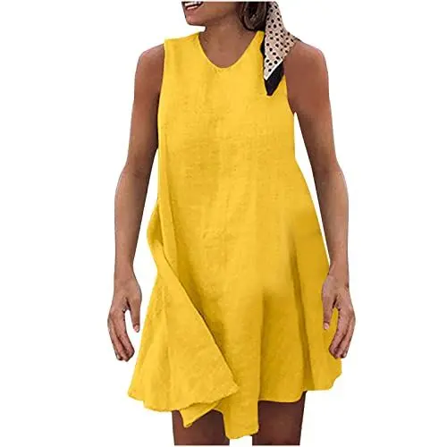 Produktbild: Generisch Damen Leinenkleid Sommerkleid Ärmellos Rundhalskleid Freizeitkleid Elegante Kleid Elegante Sexy Kleid Leinenkleider Sommer Einfarbig Kleid Luftige Kleid Damen Sale Angebote Gelb XL