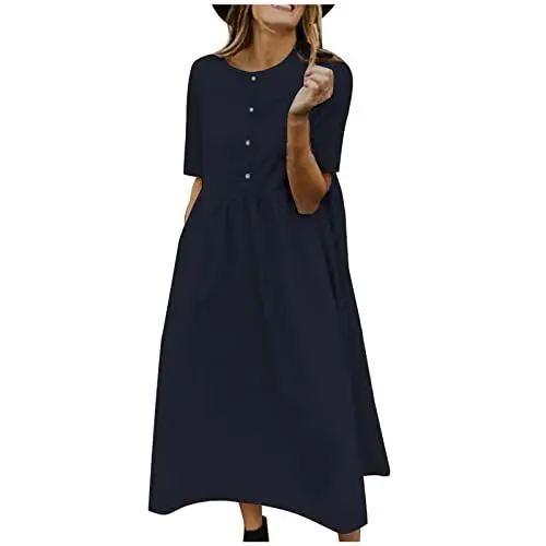 Produktbild: Generisch Damen Leinenkleid Sommerkleid Boho Kleid Lange Freizeitkleid mit Tasten Kurzarm Rundhalskleid Einfarbig Kleid Elegant Leinen Kleid Sommerkleider Günstige Sachen Dunkelblau 3XL