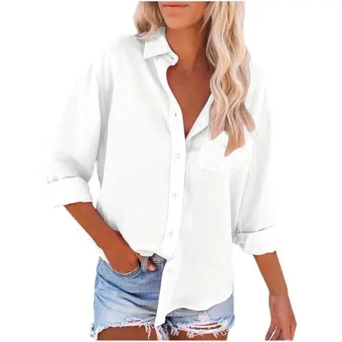 Produktbild: Damen Tunika Elegant,Leinenjacke Damen Shirt Damen Baumwolle Langarm V-Ausschnitt Button Down Hemd Baumwolle Leinen Hemdbluse Leinenbluse Mit Knöpfen （Weiß，XL）