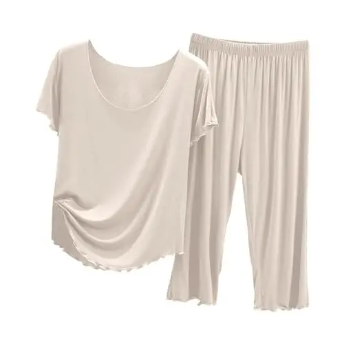 Produktbild: Generisch Damen Pyjama Set Sommer Kurzarm Schlafanzug Capri Hose Bequeme Leichte Wear Nachtwäsche Homewear Freizeitbekleidung (Beige, M)
